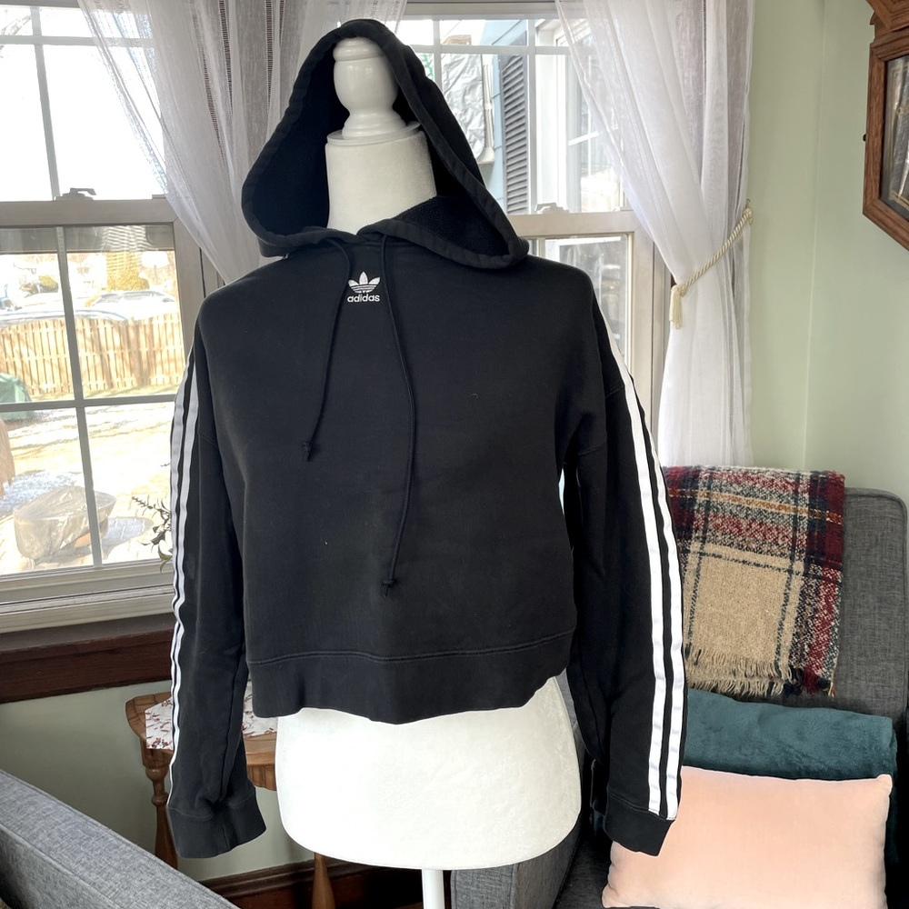 Adidas Cropped Hoodie Sweatshirt with Three Stripe Design